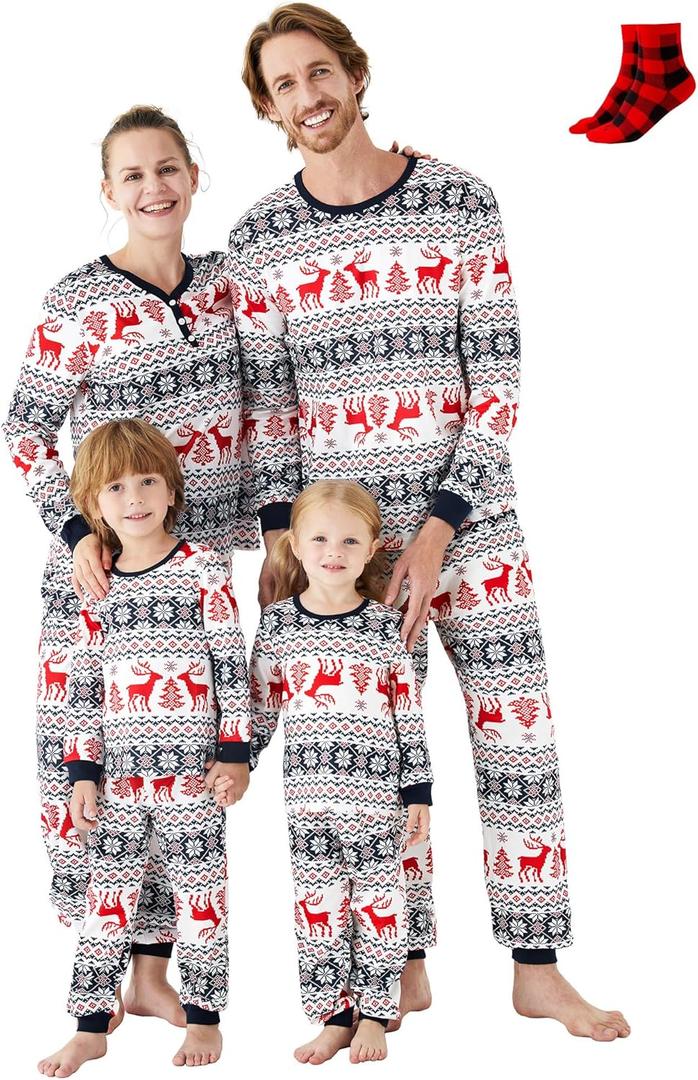 PATPAT Christmas Family Matching Pajama Sets Includes Christmas Socks - Perfect for Family Photos & Holiday Celebrations (L)