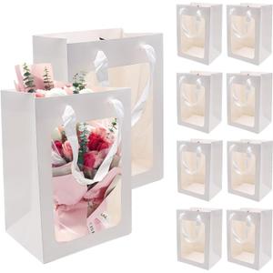 JLNGTHONG 10 Pieces White Paper Bags with Clear Window, Gift Bags Bulk with Handle Kraft Shopping Bags for Mother's Day Graduation Birthday Bridal Shower Flower Bouquet Presents Wrapping