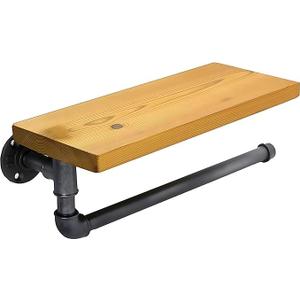 Industrial Vintage Paper Towel Holder Gordon with 13"x6" Shelf Spice Rack TPD-004, Steampunk Loft Style Wall Mount Kitchen Laundary Room Organizer, Wood Metal Water Pipe