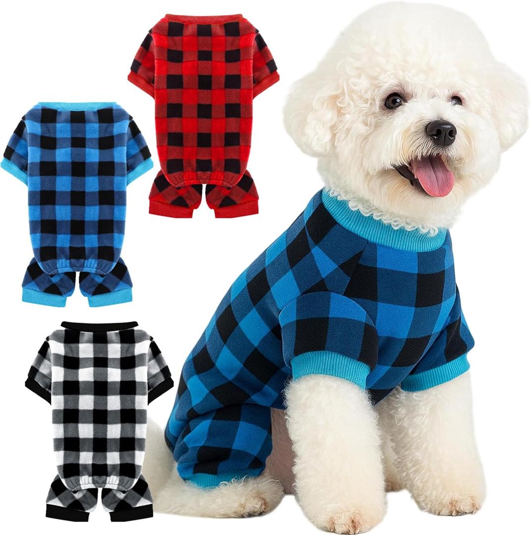 3 Pcs Plaid Dog Pajamas Soft Fleece Pet Sweater Clothes Warm Outfits for Small Dogs Puppy Cats Winter Christmas Costume Jumpsuit(M: Neck 13in, Chest 18in, Back 14in)