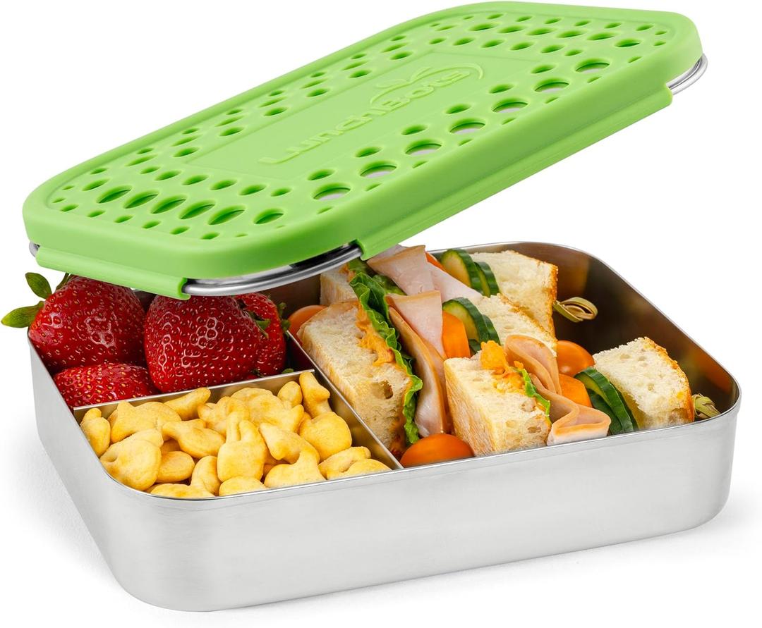LunchBots Large Trio Stainless Steel Lunch Container -Three Section Design for Sandwich and Two Sides - Metal Bento Lunch Box - Eco-Friendly - Stainless Lid - Green Dots