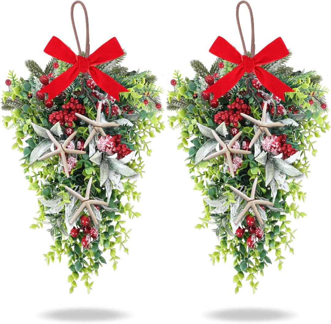 2 PCS 24" Christmas Starfish Teardrop Swag Rustic Farmhouse Wreath with Green Leaves Red Berries Hanging Swag for Xmas Winter Front Door Indoor Outdoor Pillar Porch Wall Cabinet Window Home Decor