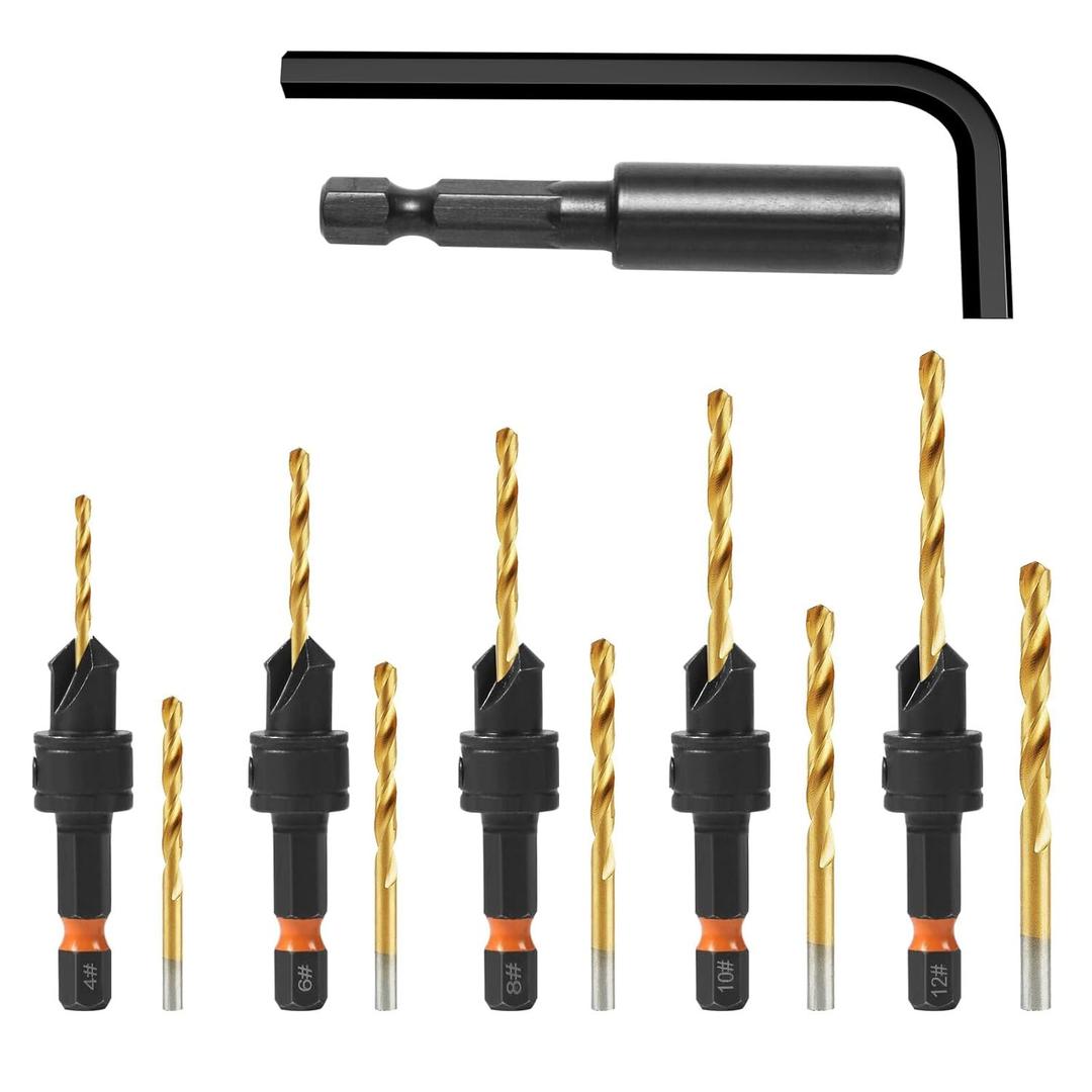 12Pcs HSS Adjustable Countersunk Drill Bits for Woodworking, Sizes #4, #6, #8, #10, #12, withMagnetic Extension Drill Bit & Storage Box, Professional Countersink Drill Bit Set