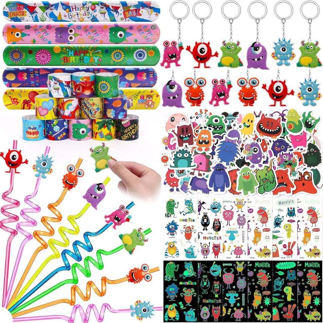 98Pcs Monster Party Favors Birthday Supplies for Kids, Drinking Straw Keychain Slap Bracelet Glow Tattoo Sticker Cartoon Sticker, Goodie Bag Stuffer Filler Girls Boys Monster Party Supplies Decor