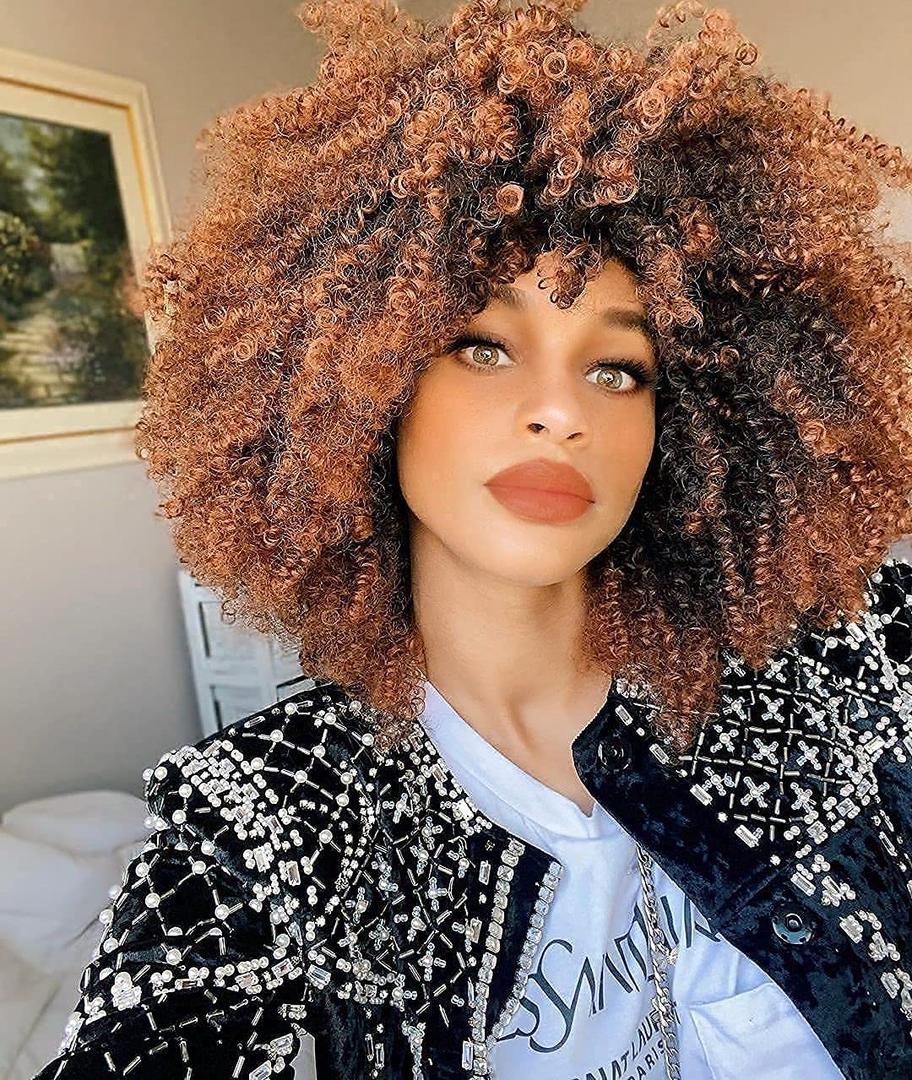 Short Curly Afro Wig With Bangs for Women Kinky Curly Wigs Ombre Brown Afro Wig Heat Resistant Fluffy Synthetic Wigs