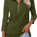 TICTICMISS Women's 3/4 Length Sleeve Tops Collared V Neck T Shirts Polo Zipper Summer Shirts (Green, S)