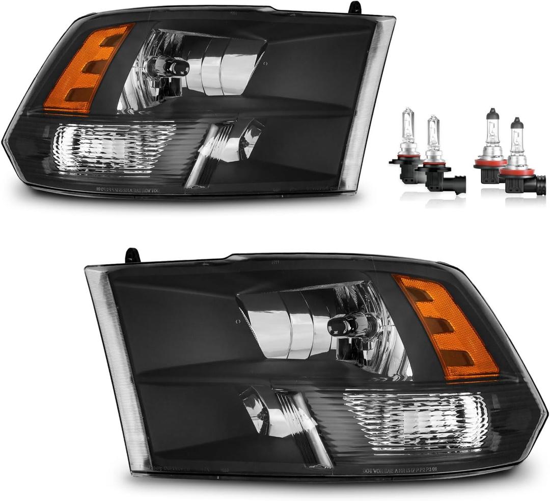 Headlights for 2009-2018 Dodge Ram 1500/2010-2018 Dodge Ram 2500 3500 Quad Pickup (Not Fit Factory Projector Style), High/Low Beam with Bulbs (OE Replacement)
