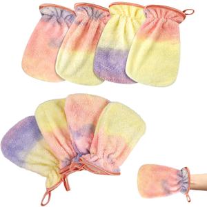 PHOGARY 8 Pack Bath Mitts Coral Fleece Washcloths, Soft Face Showering Cleansing Washcloth, Bath SPA Terry Cloth, Reusable Makeup Remover Mitt, European Style Wash Cloth with Hanging Loop(Tie Dye)