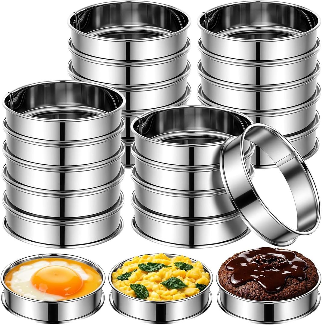 20 Pack 4 Inch English Muffin Rings,Stainless Steel Double Rolled Tart Nonstick Metal Round Cookie Rings for Baking Cooking Pastry Molds for Crumpet Muffins, Pancakes, Omelette Baking, Food Making
