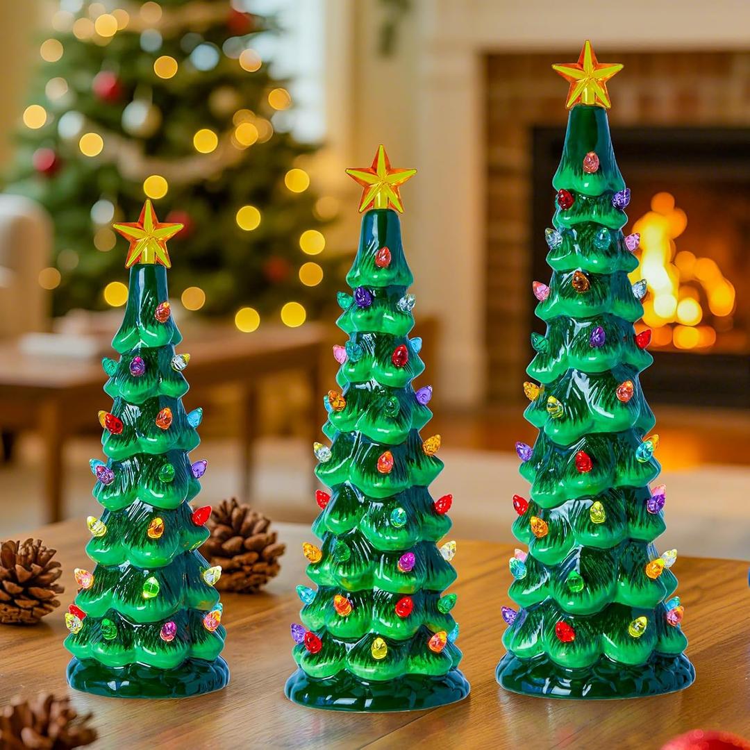 Brightown Lighted Ceramic Christmas Tree Set of 3, Pre-Lit Hand-Painted Tabletop Christmas Tree with Multicolored LED Lights, Battery Operated Vintage Ceramic Tree for Home Table Holiday Decor, Green