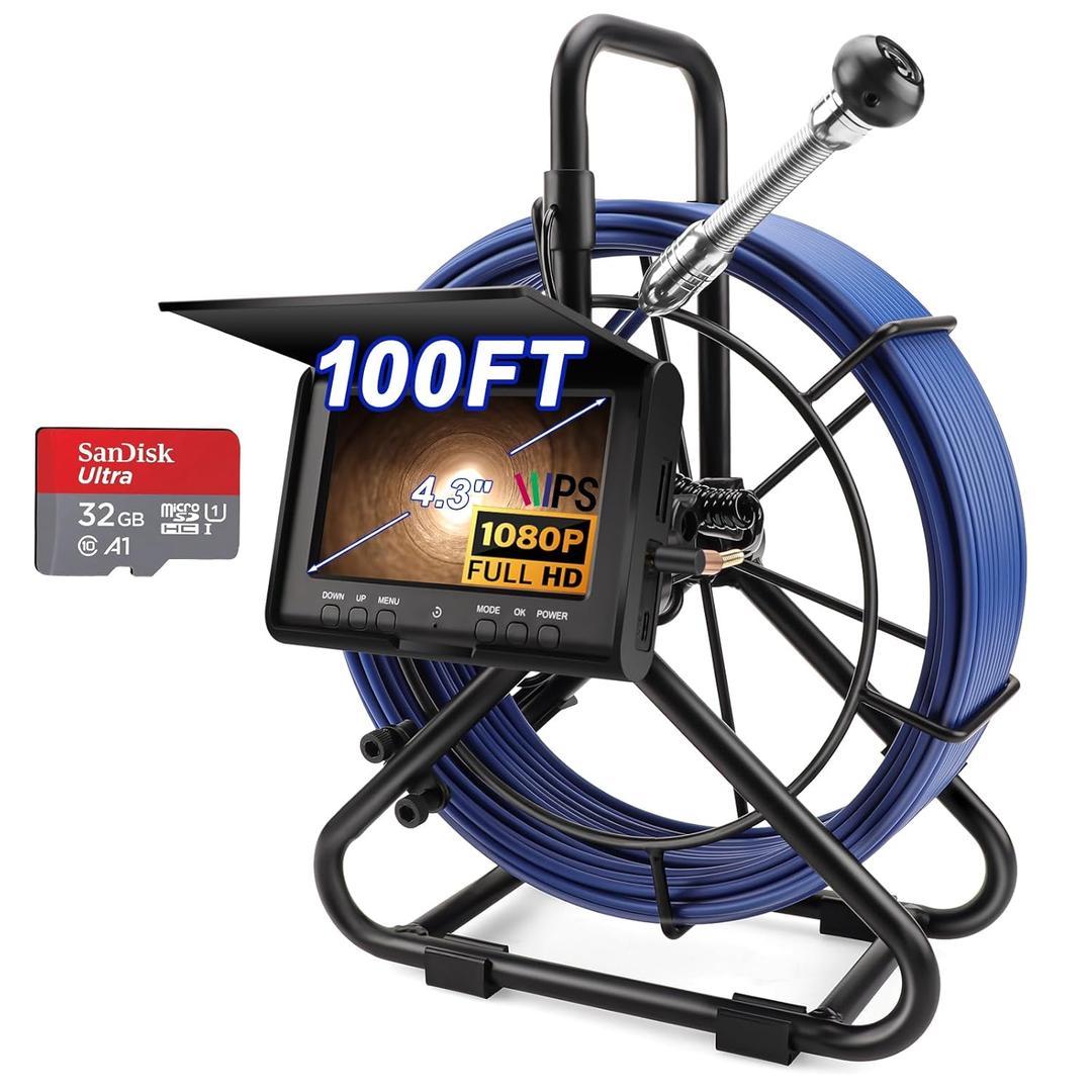 Sewer Camera w/DVR Function, 4.3" HD 1080P Screen Pipeline Inspection Camera, IP68 Waterproof Pipe Plumbing Snake Cam with 32GB Card, for Sewer Line, Home, Duct Drain Pipe Plumbing (30M/100FT)