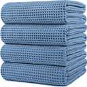 POLYTE Microfiber Oversize Quick Dry Lint Free Bath Towel, 60 x 30 in, 4 Pack (Waffle Weave) (Blue)
