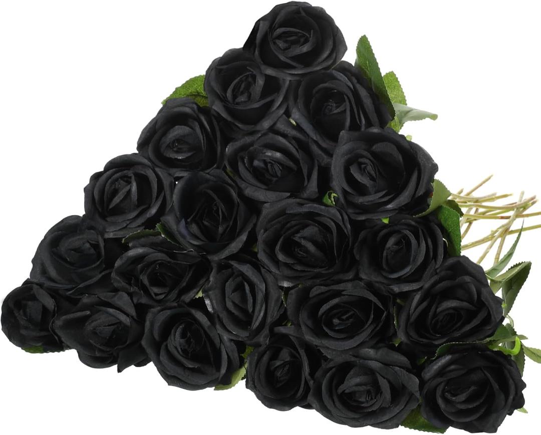 Hotop 20 Pcs Artificial Rose Flowers with Long Stem,Real Touch Silk Realistic Plastic Bouquet Roses Bulk for Home Decor Bridal Wedding Party Table Centerpieces Decorations(Black)