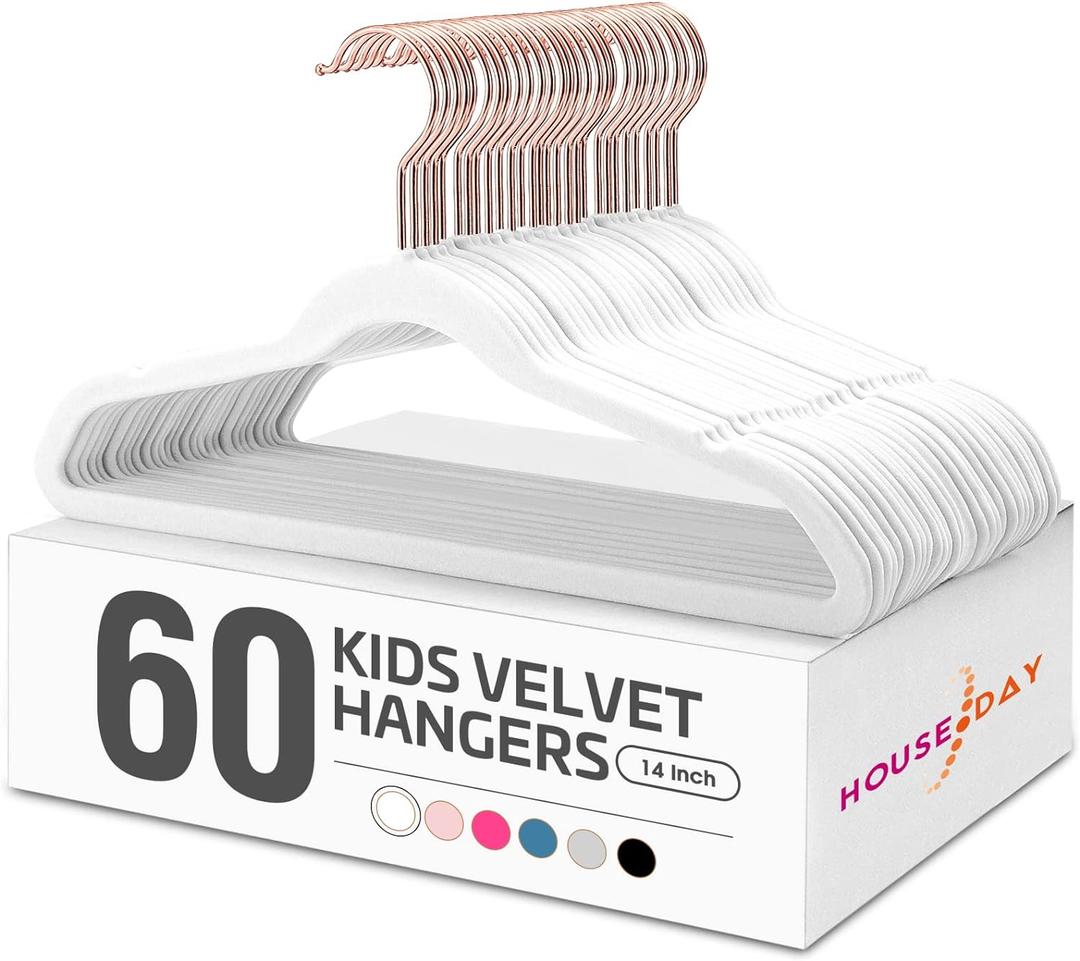 HOUSE DAY Velvet Kids Hangers 60 Pack, Premium Childrens Hangers for Closet, Ultra Thin Cute Clothes Hanger, Non Slip Small Felt Hanger 14 Inch for Kids Clothes, White