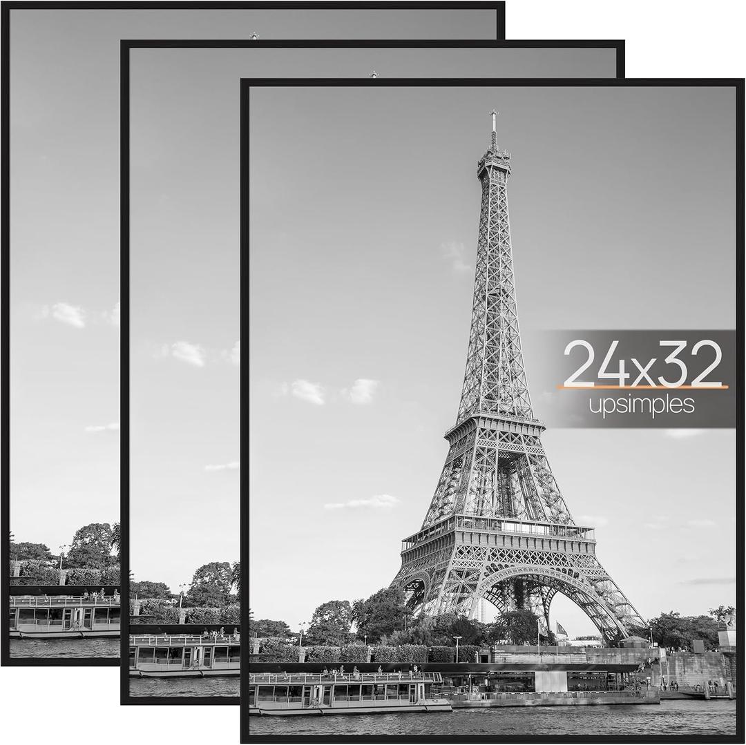 upsimples 24x32 Poster Frame Black 3 Pack, Scratch-Proof Picture Frames 24 x 32 for Photo Gallery - Slide-In Strips, Horizontal or Vertical Wall Mounting