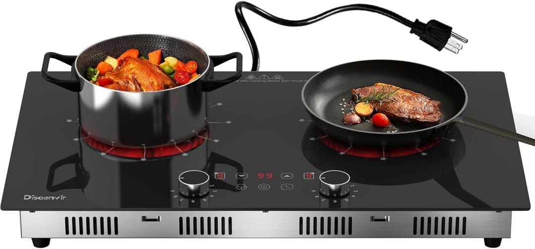 2 Burner Electric Cooktop 110V - 24 Inch(23.6"x 13.78") Ceramic Stove Countertop & Built-in(22"x 12.2"), 2000W Two Burner Cooktop with Touch & Knob Control, Timer, Safety Lock, 120V Plug in