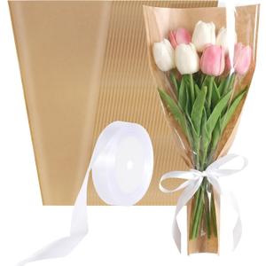Yymobt 50Pcs Flower Bags for Bouquets Flower Wrapping Paper for Bouquets Bags Floral Wrap Sleeves with Ribbons Florist Wrap for Mother's Day Father's Day Valentine Graduation Wedding Birthday Gift