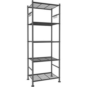 Storage Shelves - 5-Tier Large Capacity Shelf Organizer with Hooks, Heavy-Duty Garage Shelving with Leveling Feet, Wobble-Free Rack for Bedroom, Balcony, Garage, 18.1"12.4"56.8", Black
