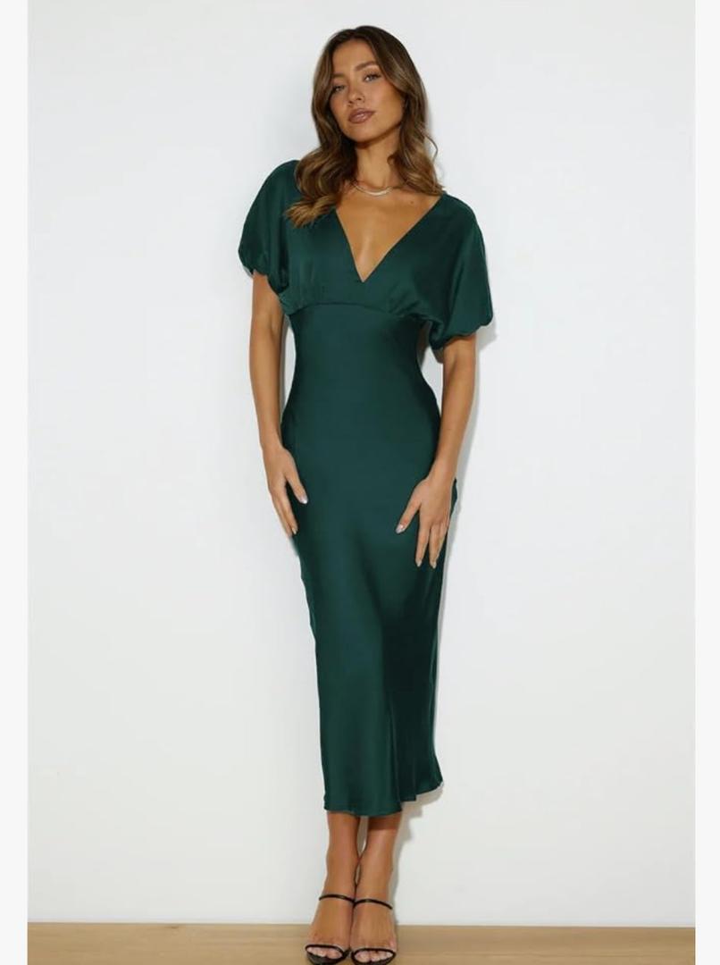 Satin V Neck Puffy Sleeves Silk Midi Dresses Empire Waist Elegant Tie Back Formal Cocktail Dress for Women Wedding Guest XS, Emerald 