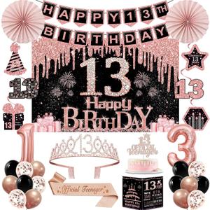 13th Birthday Decorations for Girls,32PCS 13th Birthday Party Decorations,Including Backdrop, Crown, Sash, banner, Hanging Swirl,balloons,Cake Topper,Paper Fans and Anniversary Card