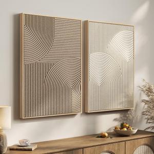 Large 3D Textured Framed Neutral Abstract Wall Art Set, 2 Piece Modern Minimalist Paintings Artwork for Walls, Beige Brown Geometric Line Pictures for Living Room Bedroom Hallway Wall Decor 24x36 In, 24"W x 36"H x 2Pcs