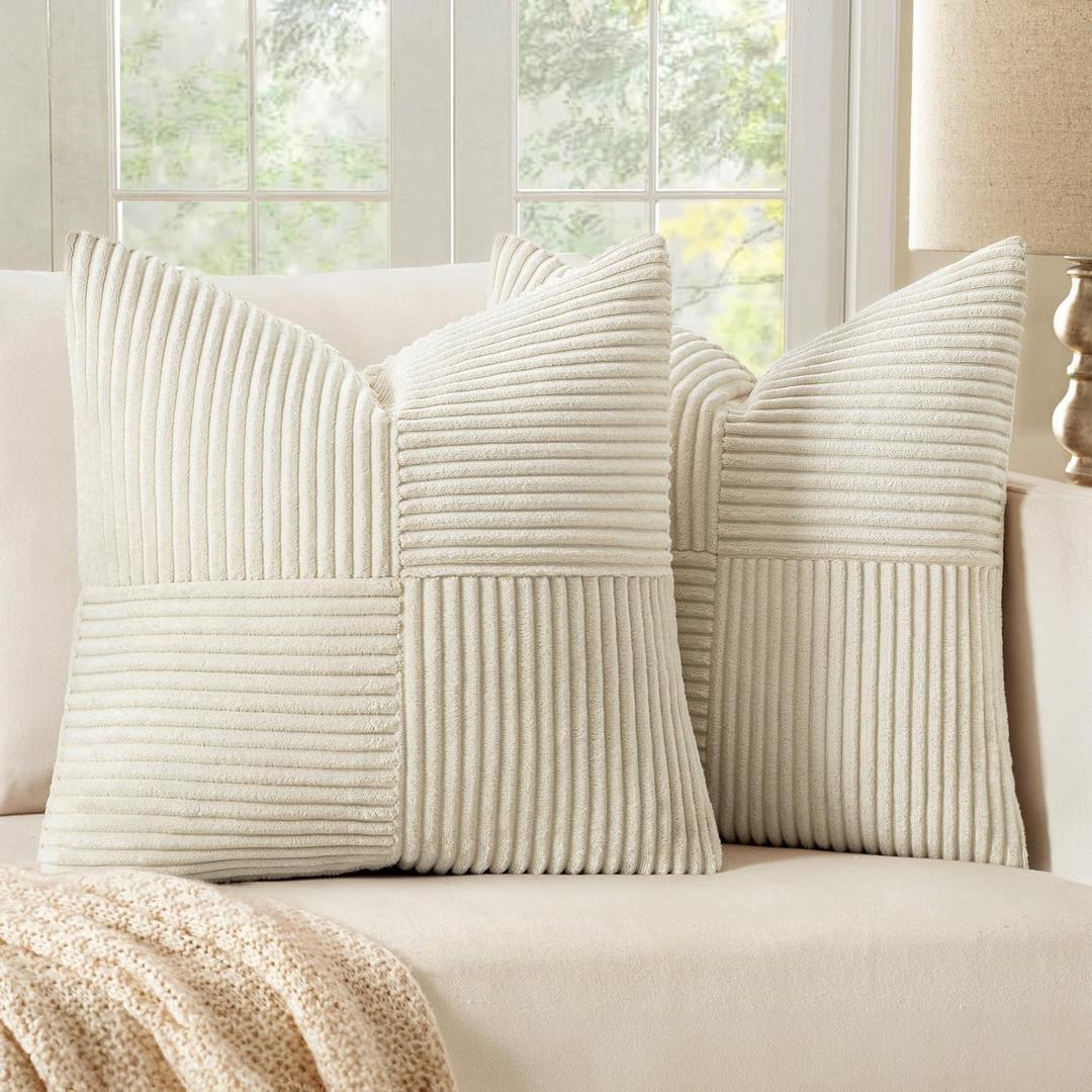 MIULEE Beige Decorative Throw Pillow Covers 20x20 Inch for Couch Bed Sofa Pack of 2 Boho Neutral Farmhouse Throw Pillows Soft Cross Corduroy Patchwork Textured Cushion Cases