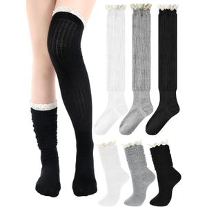 3 Pairs Women Cotton Knit Boot Socks Knee High Stockings with Lace Trim Slouch Stacked Scrunch Socks Free size (Black,white,gray)