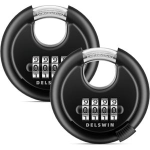 DELSWIN 4-Digit Disc Combination Lock Outdoor - Heavy Duty Combination Padlocks with Hardened Steel Shackle Weatherproof Combo Locks for Gates, Sheds, Fence, Storage Unit (3/8" Shackle, Black, 2 Pcs)