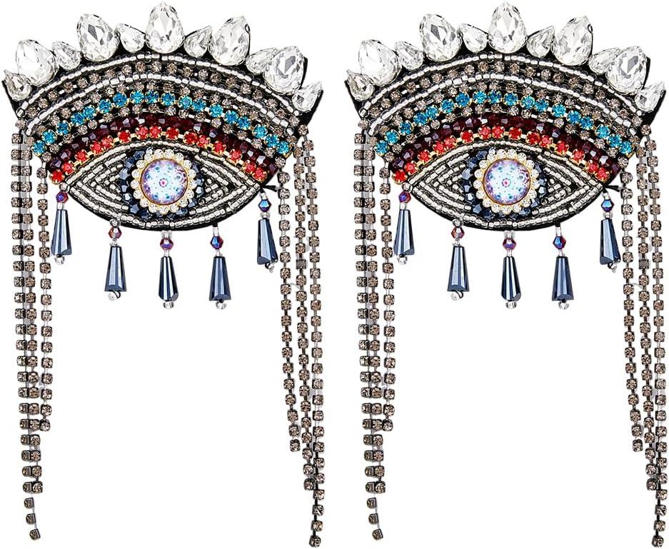 SUPERFINDINGS 2Pcs Evil Eye Shoulder Epaulet with Tassel Detachable Ethnic Style Tassel Epaulette Pin Badge Shoulder Insignia with Felt Rhinestone for Man Woman Leather Jacket Windbreaker Coat