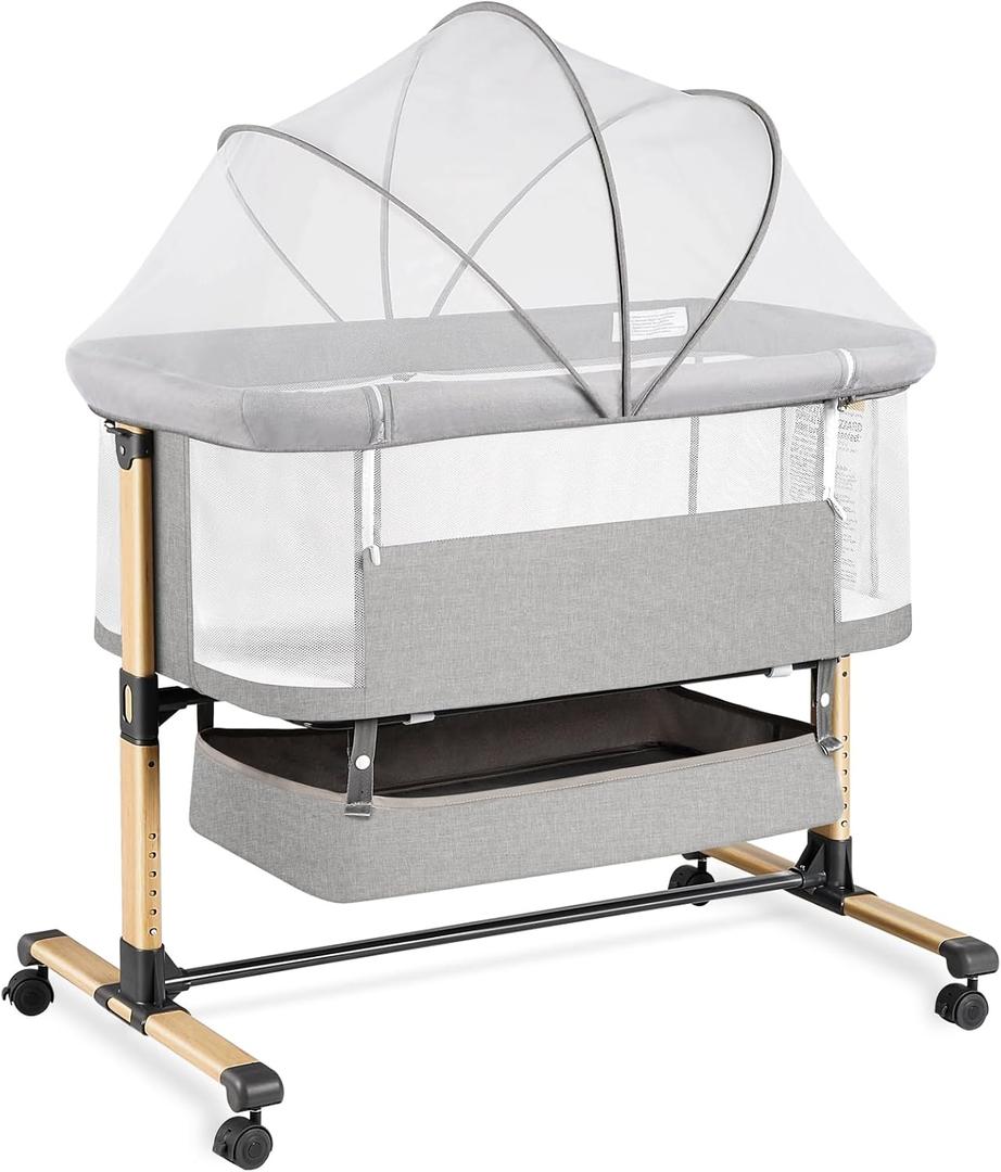 3-in-1 Baby Bassinet Bedside Sleeper, Infant Bedside Bassinet, 6 Adjustable Height, Breathable Mesh, Lockable Wheels, Storage Basket, Easy Folding Portable Crib for Newborn (Grey)