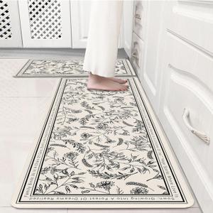 Beige Minimalist Black Line Art Herb Leaves Kitchen Rug Sets [2 PCs], Anti-Fatigue, Waterproof Non-Slip Kitchen Mats Heavy Duty Comfort Foam Rug for Kitchen, Floor, Laundry,17"x29"+17"x47"