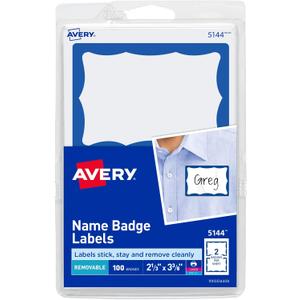 Avery Customizable Name Tags, 2-1/3" x 3-3/8", White with Blue Border, 100 Removable Name Badges (05144)