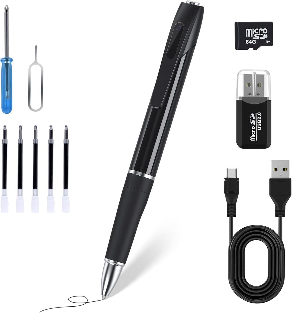 Mini Hidden Camera Pen with 64GB Memory Card, 1080P HD Small Nanny Camera, USB Rechargeable Security Body Camera Pen for Indoor Outdoor