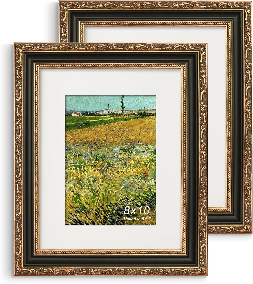 8x10 Picture Frame, Ornate Embossing Frame with Paper Mat and Real Glass, Fit for 8x10 without Mat or 5x7 with Mat, Tabletop or Wall Mounting Display, BlackBlack and Antique Gold, 2 Pack