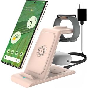 3 in 1 Wireless Charger Compatible for Google Pixel Watch Only,Wireless Charging Station for Pixel 9 Pro XL/9/8/7/6 Pro/7a,Pixel Buds Pro,Charger Stand Compatible with iPhone (Not for Pixel Watch 3/2) (Pink)