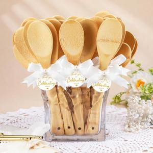 Jingmore 36 Set Bridal Shower Party Favors Bamboo Wooden Spoons with Bow and Tags Kitchen Utensils Wedding Favors Gift for Bridal Shower Prizes Guests Party Table Decoration(Gold Star,White Ribbon)