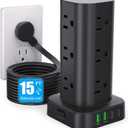 Power Strip Tower with Multiple Outlets, Flat Plug Surge Protector Tower Extension Cord with 12 AC Outlets 4 USB Ports (2 USB C), 15FT Cord Power Tower Surge Protector for Home Office Dorm Room, Black