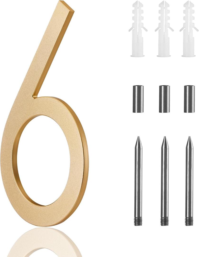 10 Inch Metal House Numbers For outside Gold, Large Address Numbers For House Outside Floating,Large Modern House Numbers For Outside Gold Floating Mount Flush Mount Aluminum Home Address Numbers 6