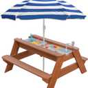 Kids 3-in-1 Sand & Water Table, Wood Outdoor Convertible Picnic Table with Umbrella, 2 Trays, Removable Top with Faucet, Picnic for Outdoor (Brown/Navy)