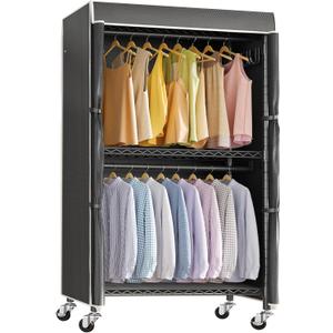 VIPEK R2C Medium Heavy Duty Clothes Rack Rolling Garment Rack with Cover Adjustable Clothing Rack for Hanging Clothes Portable Closets with Double Rods, Black Rack with Black Upgarded Polyester Cover (Black Rack with Black Cover)