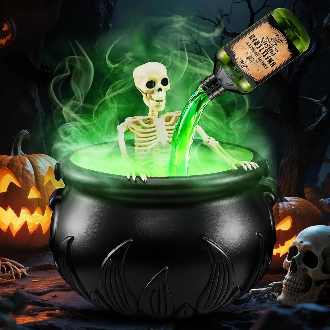 Halloween Decorations Indoor, Cauldron Halloween Decor with Magic DIY Floating Potion Bottles & Skeleton and Mist Maker, Spooky Vintage Black Witches Plastic Bowl for Home Table Mantel Party