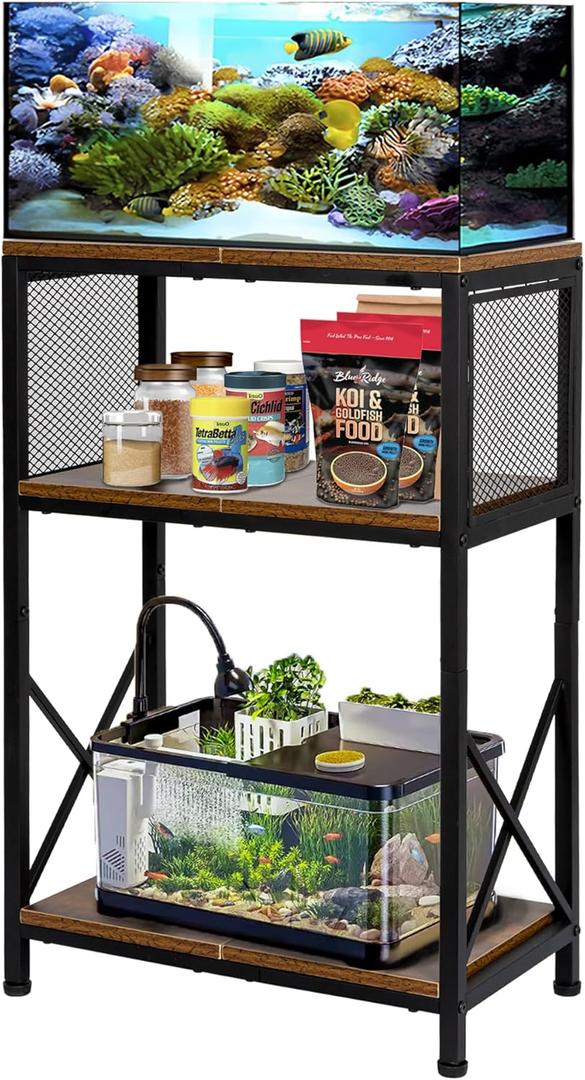 10 Gallon Fish Tank Stand, Aquarium Stand with 3-Tier Storage Shelves, Rustic Brown Metal Frame Turtle Tank,Adjustable Height Design (10 Gallon)