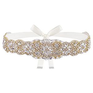 Lovful Womens Rhinestone Bridal Belt, Wedding Belt for Bride Dress,Rhinestone Belts with Ribbon,Gold-ivory