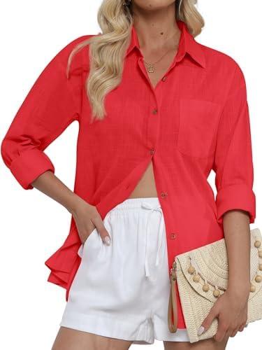 CUNLIN Women's Button Down Shirts Long Sleeve Cotton Summer Beach Wear for Women with Pocket, M