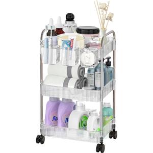 3 Tier Rolling Cart with Hanging Basket, Easy Assembly Acrylic Storage Carts with Lockable Wheels, Utility Cart Storage Organizer Serving for Office, Living Room, Kitchen, Bathroom