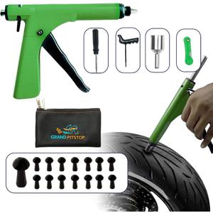 GRAND PITSTOP Tubeless Tire Gun Puncture Repair Kit with Mushroom Plug for Tyre Punctures and Flats on Cars, Motorcycles, ATV, Trucks & Tractors (Gun Puncture kit 15 Plugs, Green)