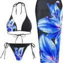 ZAFUL Womens 3pcs Swimsuit Floral Halter Triangle Bikini Top Tie Side Bottom with Long Sheer Cover Up Skirt (Small, 0-blue)