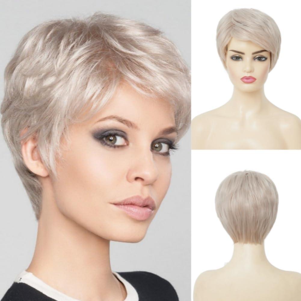 Blonde Short Wig for Women Pixie Cut Platinum Blonde Mix Grey Wig with Bangs Synthetic Fluffy Heat Resistant Hair Wig for Daily Halloween Use