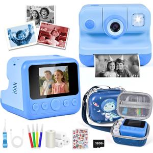 Kids Instant Print Camera, 30MP 1080P HD Digital Camera for Boys Girls with Color Pens & 32GB Card, Christmas Birthday Gifts Kids Toys for 3-12 Years Old (Blue) (blue with Bonus Carry Bag)
