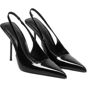 Women's Slingback Stiletto High Heels Pointed Toe Slip On Pumps Shoes Patent Leather Stretch Strap Backless Dress Heels (7.5, Black)